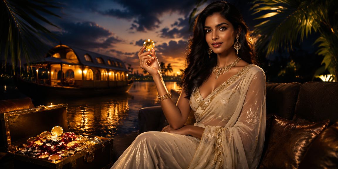 Indian woman using mobile UPI payments near Kerala backwaters